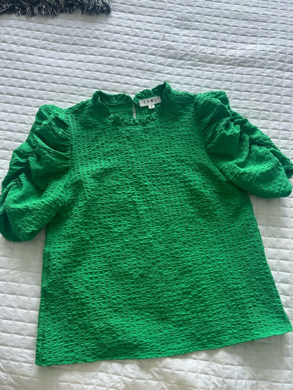 THML Puff Sleeve Textured Top in Green